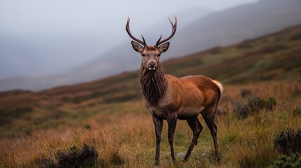  A tight shot of a deer in a field of grass Mountains loom in the distance as the background