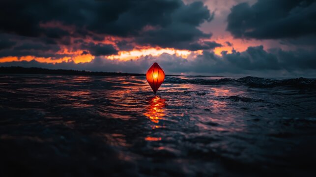  A red buoy floats atop a tranquil body of water beneath a cloud-filled sky In the heart of the ocean, another red beacon glows
