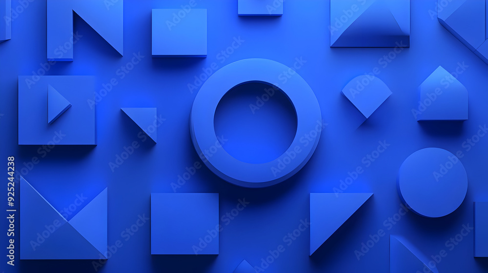 Poster a collection of blue geometric shapes arranged in a visually appealing pattern.