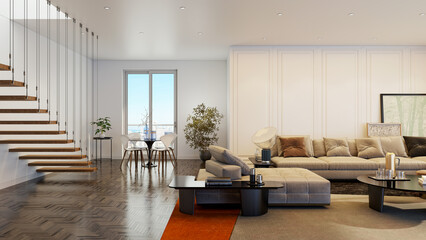 Large luxury modern bright interiors Living room mockup illustration 3D rendering image