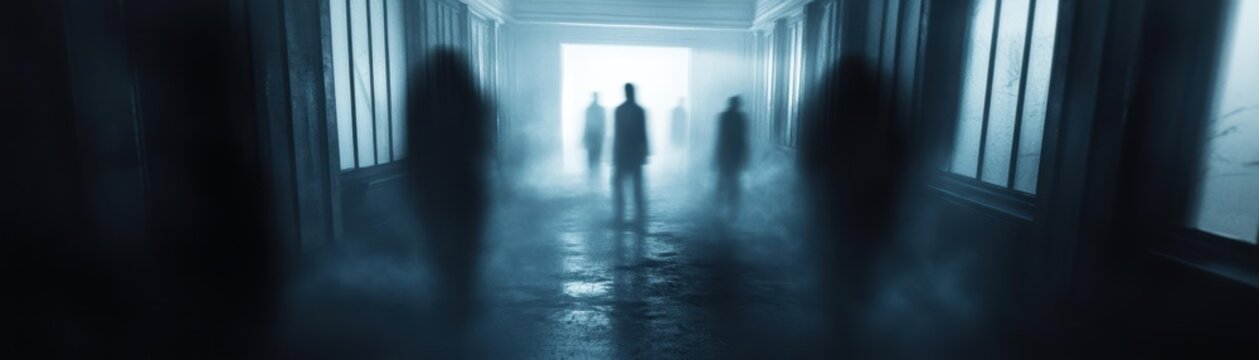 A mysterious and eerie scene depicting shadowy figures in a foggy corridor, evoking a sense of suspense and intrigue.