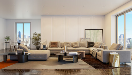 Large luxury modern bright interiors Living room mockup illustration 3D rendering image