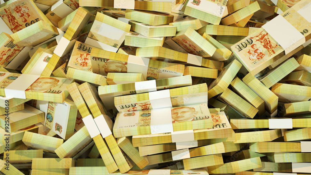 Poster 3d rendering of pile of stacks of singapore dollar notes spread on screen surface. money isolated on