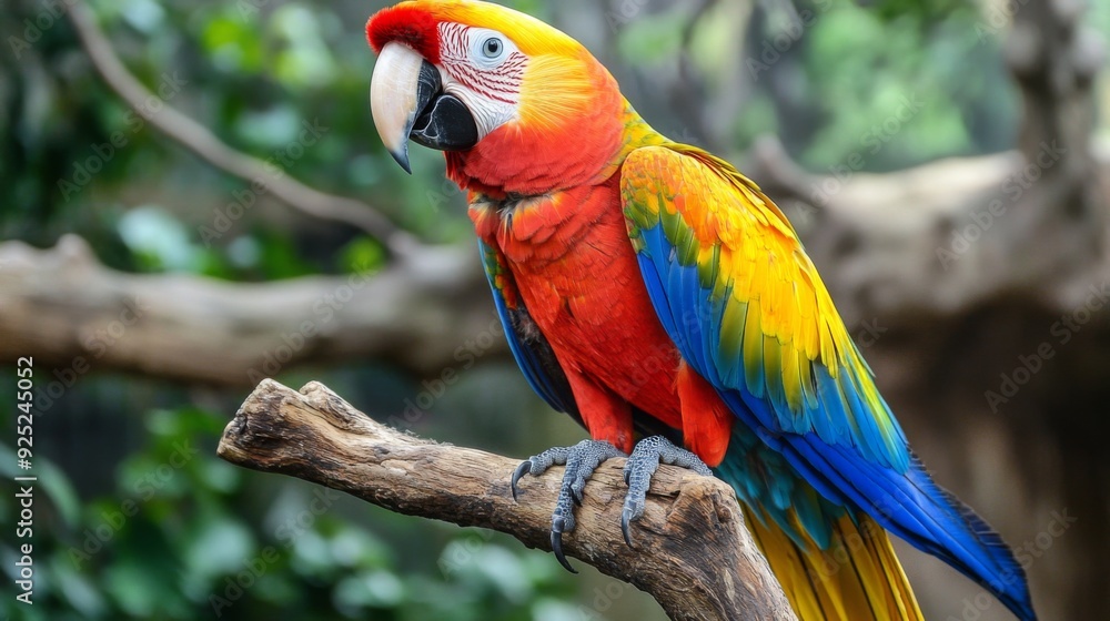 Poster A close-up of a colorful parrot perched on a branch, with its vibrant feathers and expressive eyes prominently displayed in its zoo enclosure.