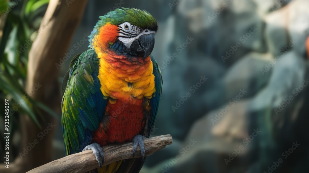 Poster A close-up of a colorful parrot perched on a branch, with its vibrant feathers and expressive eyes prominently displayed in its zoo enclosure.