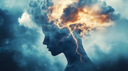 Abstract depiction of peple highlighting the effects of sleep disorders on mental health with clouds and lightning symbolizing the mental storm.