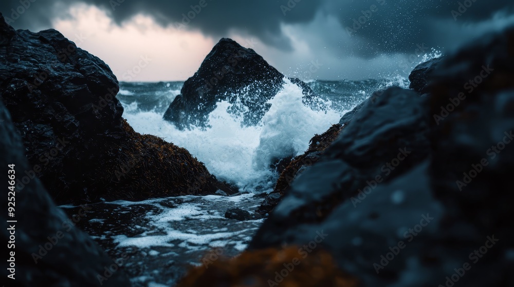 Canvas Prints  A large body of water enclosed by rocks Above, a sky teeming with numerous clouds Water droplets spray and collide atop it