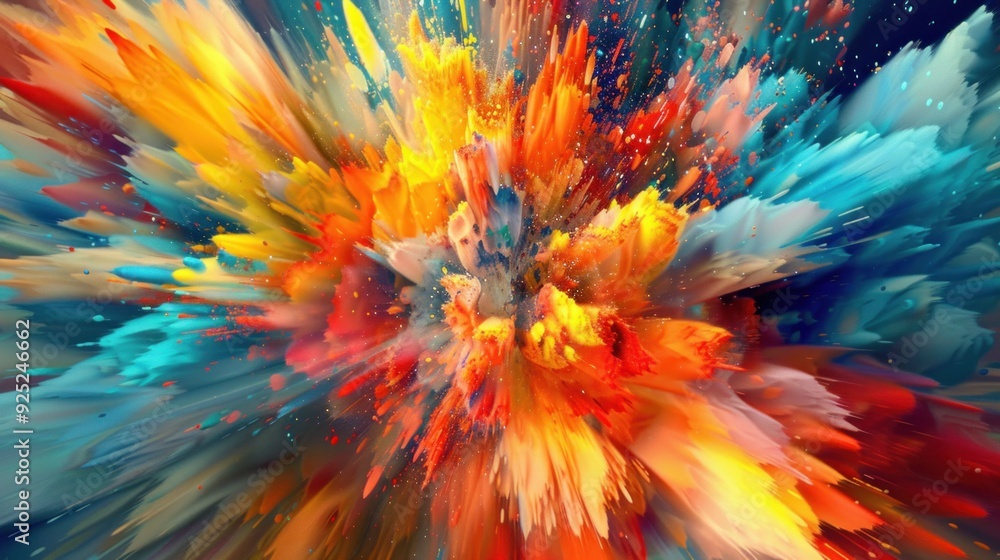 Poster abstract explosion of vibrant colors with splashes and patterns against a dark background