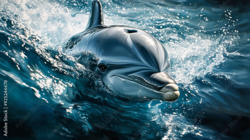 Poster a close-up of a dolphin eye and snout breaking the surface, with a focus on its expressive gaze and 