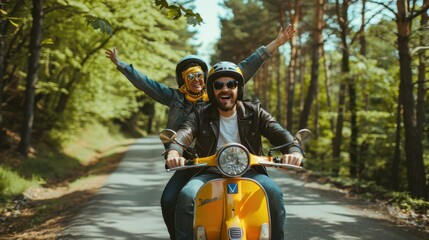 The joyful couple on scooter