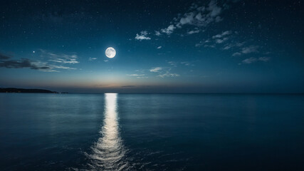 A serene night sky with full moon reflecting over a calm ocean, creating a peaceful and dreamy ambiance.