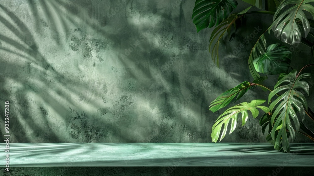 Poster An empty table rests beneath a play of shadows from nearby plants, inviting a sense of calm in a naturally lit environment