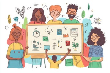 Creative Collaboration: Diverse Team Brainstorming on Colorful Whiteboard in Vector Office Setting