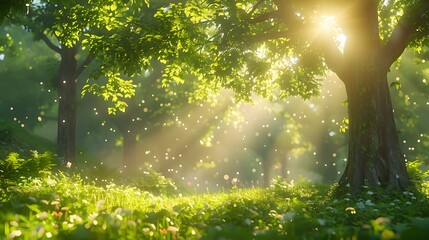 Lush green forest clearing bathed in warm sunlight with soft focus and glowing particles