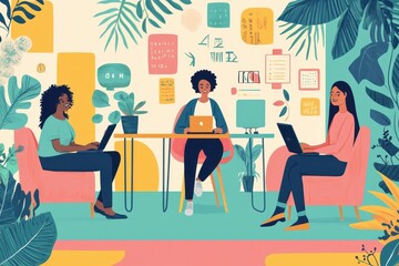 Fototapeta premium Creative Diversity in Coworking Space: Hand-drawn Vector Employees Fostering Inclusive Office Culture through Collaboration
