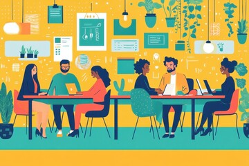 Fototapeta premium Creative Diversity in a Vibrant Coworking Environment: Hand-drawn Vector Illustration of Multicultural Employees Embracing Collaboration in a Colorful Office Setting