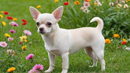 Cream smooth coat chihuahua dog in flower field