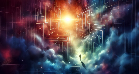 Fototapeta premium Watercolor painting of a person standing at the entrance to a vast and complex maze