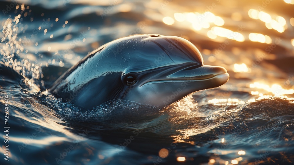 Poster a close-up of a dolphin eye and snout breaking the surface, with a focus on its expressive gaze and 