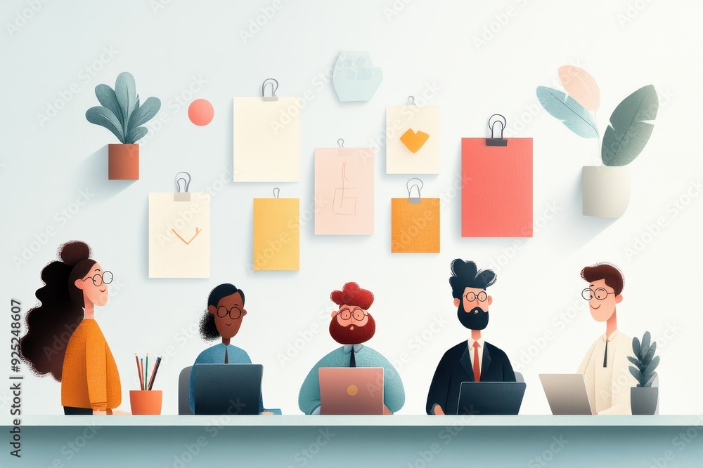 Poster diverse multicultural team in hand-drawn office creating colorful projects - vector illustration of 