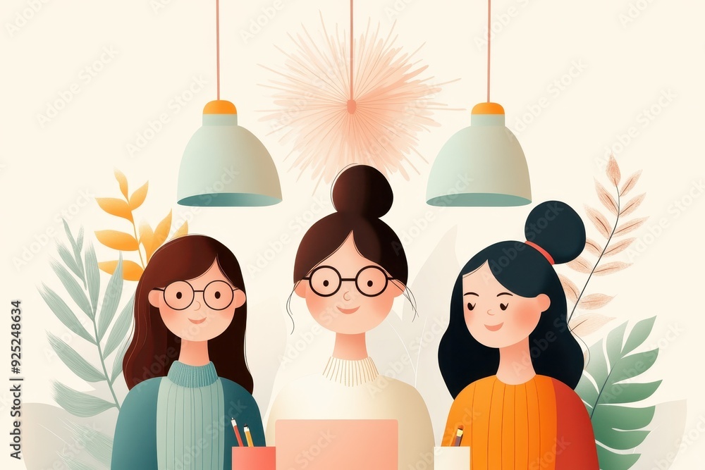 Poster diverse multicultural team in hand-drawn office setting working on colorful projects - vector illust