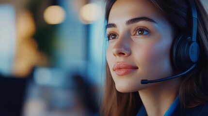 A close-up of a female executive on a video call, wearing a professional outfit and headset, with her office space neatly arranged in the background.