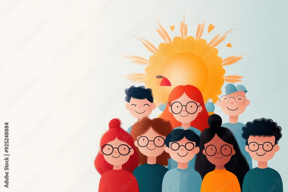 Poster diverse multicultural team brainstorming in vibrant office - vector illustration of inclusive innova