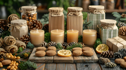 Fototapeta premium Rustic Christmas Still Life with Candles, Pine Cones, and Gifts - Realistic Image