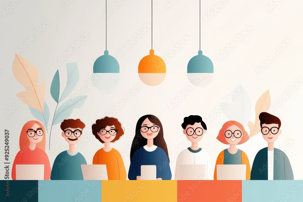 Poster diverse team collaboration in vibrant office setting - vector illustration of multicultural team dis
