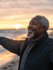 Sunset Embrace - Elderly Man at the Beach
