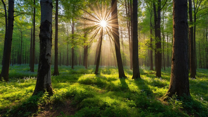 Obraz premium Sunlight rays pierce through the trees in a serene and lush forest, capturing a breathtaking natural scene.