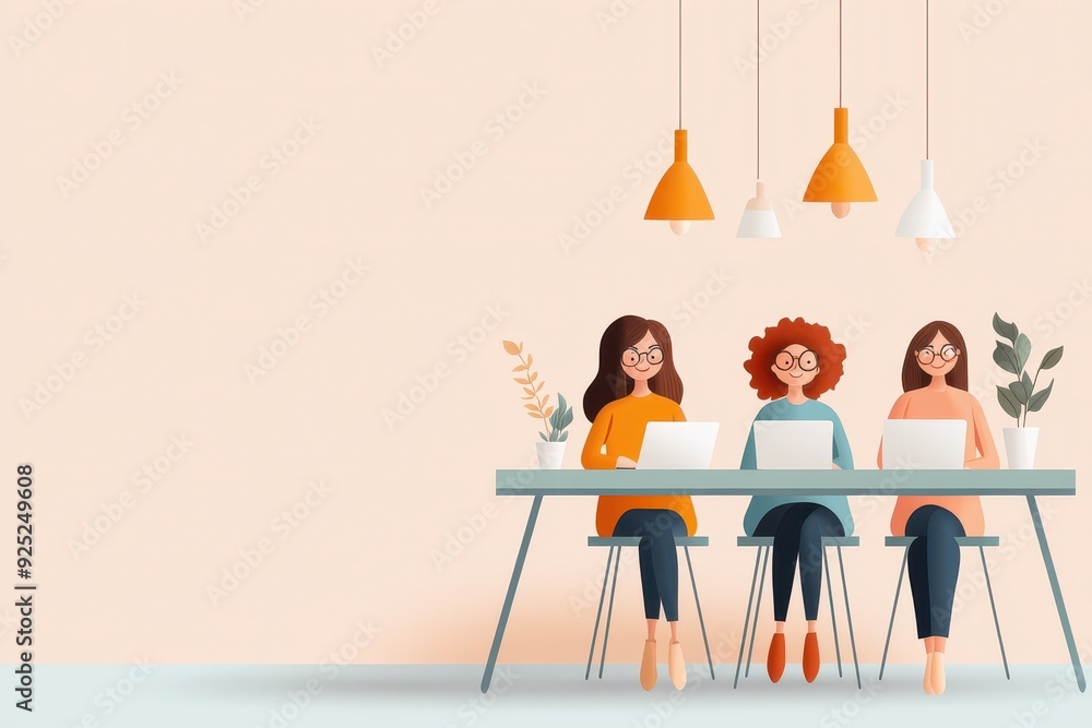 Poster diverse creative team in colorful office - hand-drawn vector illustration of multicultural group col
