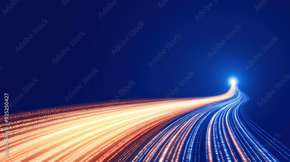 Poster dynamic light trails create a sense of motion and energy against a deep blue background, perfect for