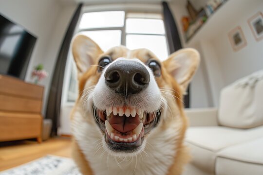 Cute corgi dog with a wide smile and nose close-up in cozy living room - playful and joyful pet photography.