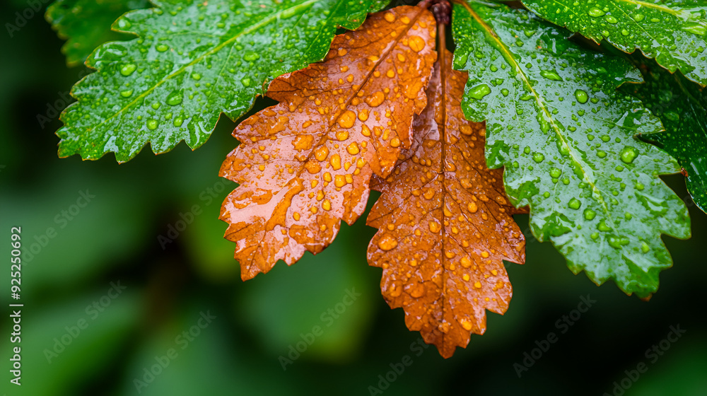 Canvas Prints Vibrant Autumn Leaf with Dew Drops. This image features a close-up of a wet, brown autumn leaf, perfect for nature or seasonal designs.