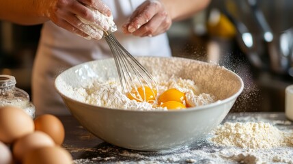 Fototapeta premium A close-up of a home cook whisking eggs in a mixing bowl, with flour and ingredients scattered on the countertop for a homemade recipe.
