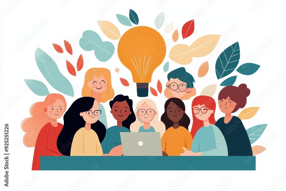 Poster collaborative multicultural team in colorful meeting vector illustration - embracing diversity and i