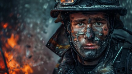Fototapeta premium portrait of a male firefighter with a fire in the background