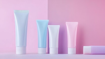 Five colorful tubes on pink background.