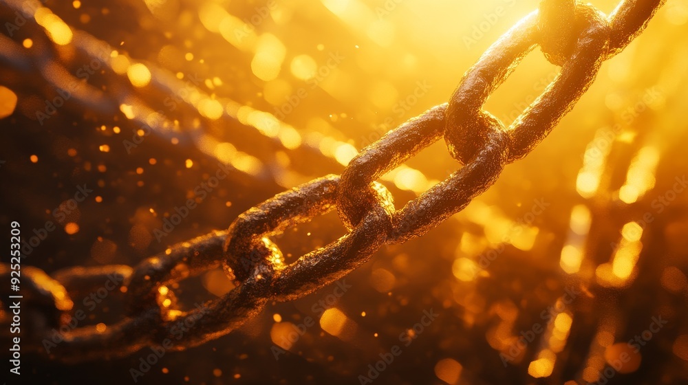 Poster close-up of a rusty chain with a warm golden light behind it. the chain is in focus, while the backg