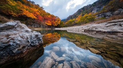  A body of water enclosed by rocks and autumn-hued trees with orange leaf canopies