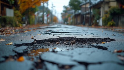 Fototapeta premium 巨大地震でひび割れた日本の住宅街の道路