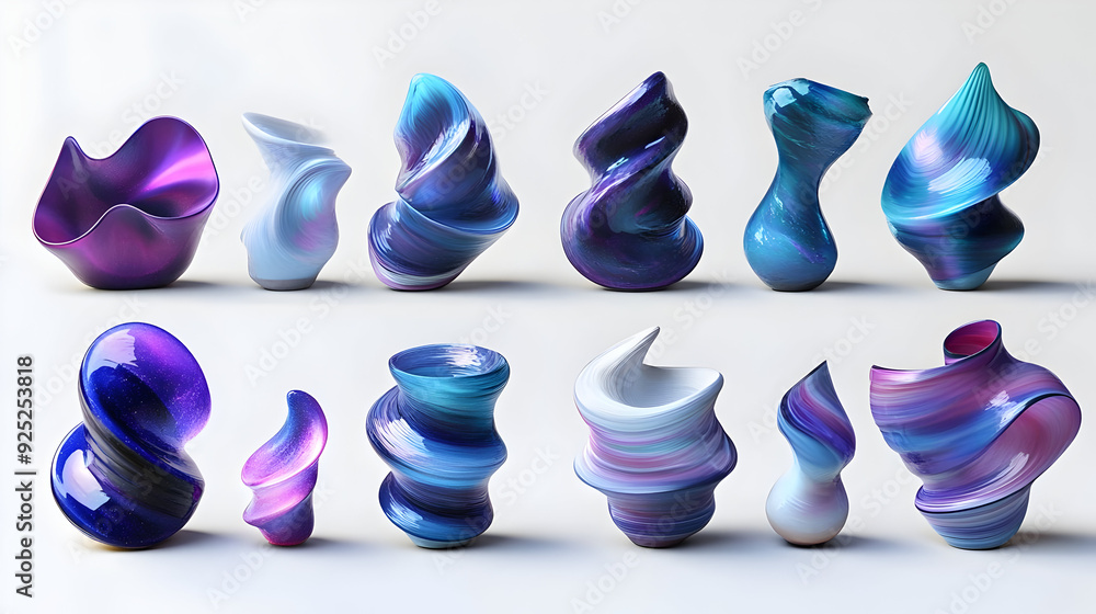 Poster a collection of colorful, abstract vases with swirling patterns and smooth finishes.