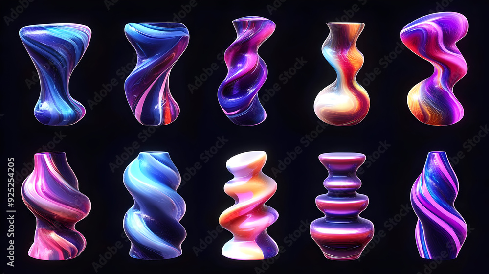 Poster a collection of colorful, abstract vases with swirling patterns on a dark background.