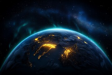 A vibrant, glowing Earth from space, showcasing city lights illuminating the night.