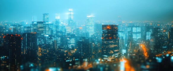 A Nighttime View of a City Skyline with Blurry Lights