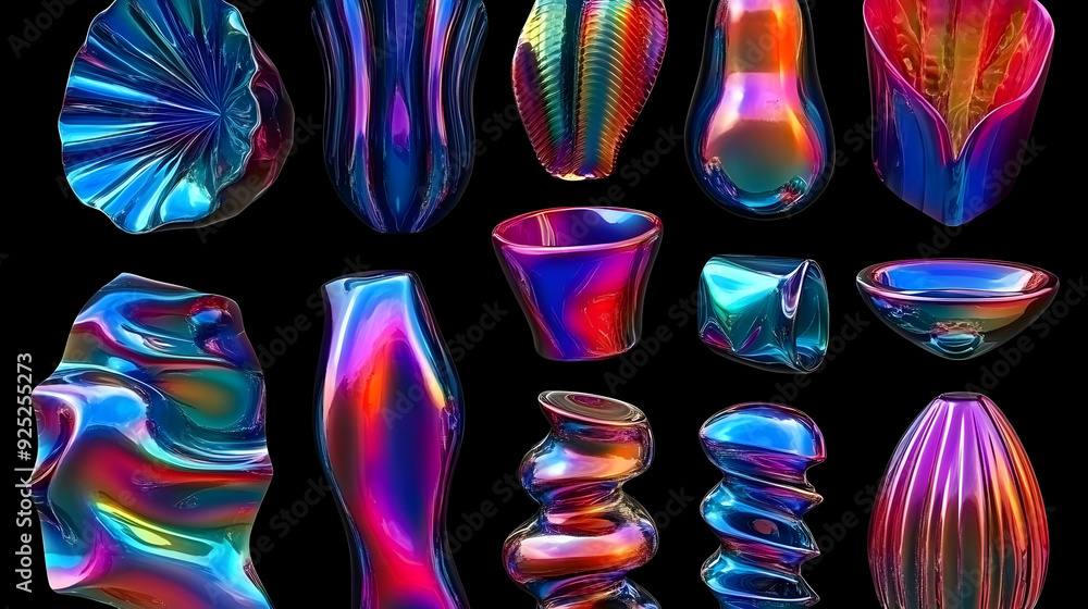 Poster a collection of colorful, glossy abstract shapes and vases with a reflective surface.