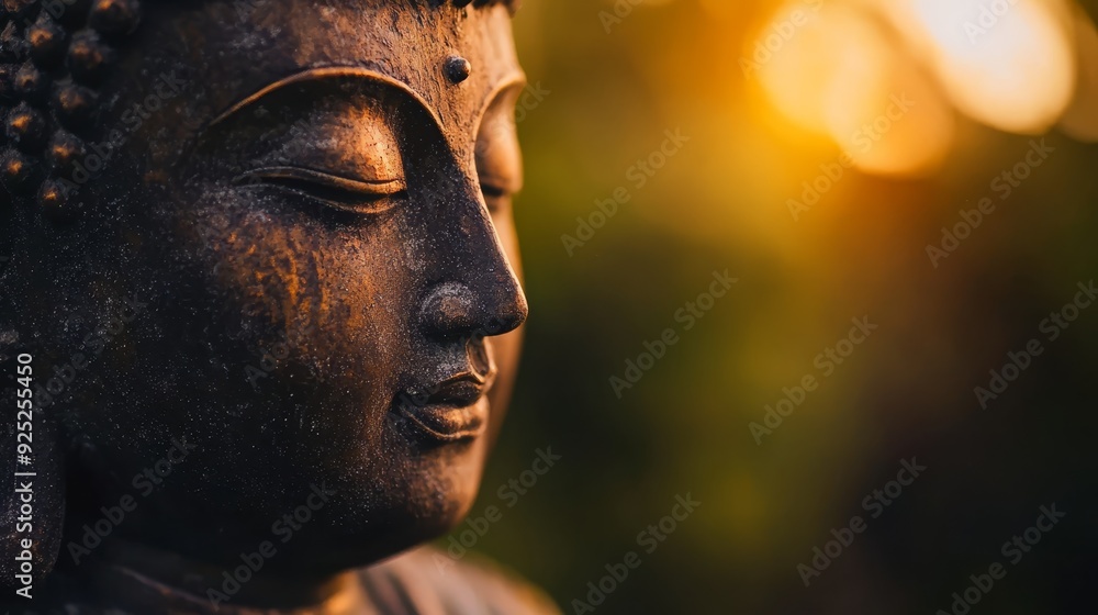 Canvas Prints  A tight shot of a Buddha statute, sun rays filtering through tree crowns behind