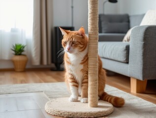 Orange Tabby Cat Sitting Next to a Scratching Post