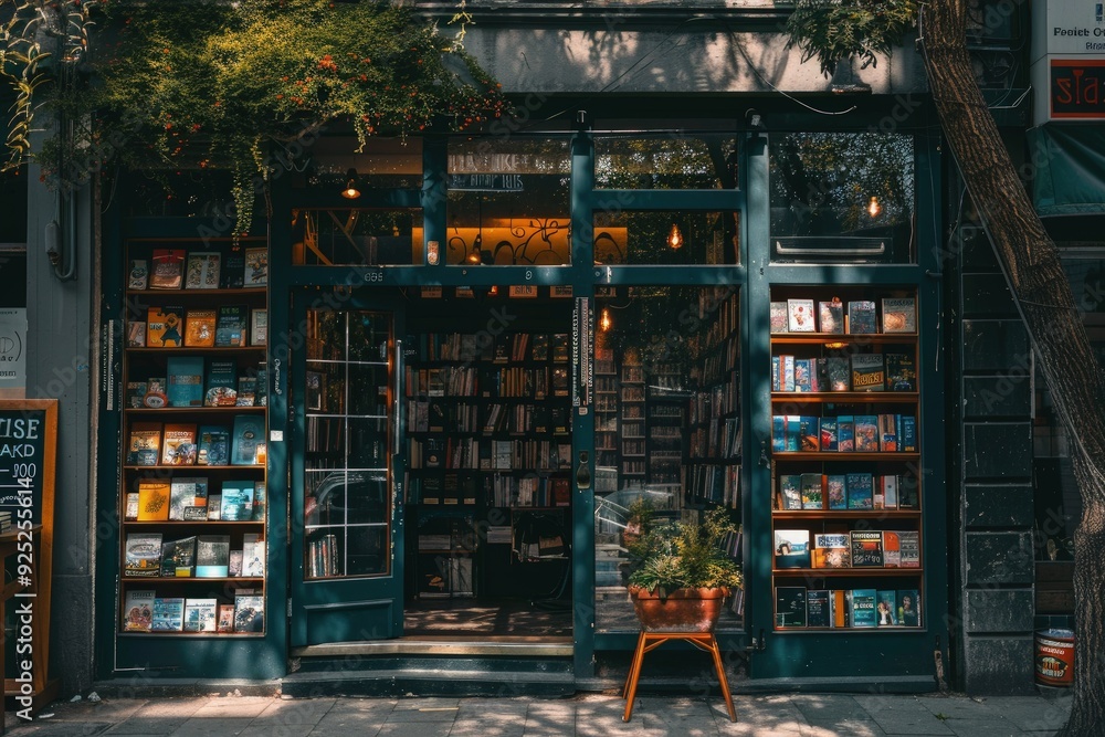 Sticker a book store with a green door and a yellow chair in front of it